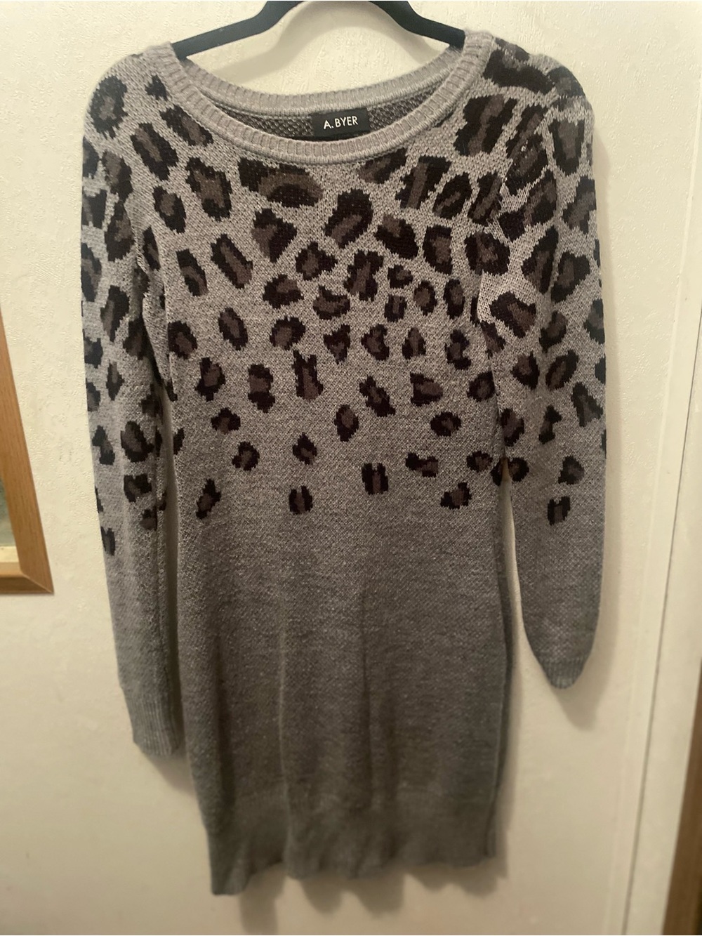A. Byer Gray Sweater Dress with Black Leopard Print